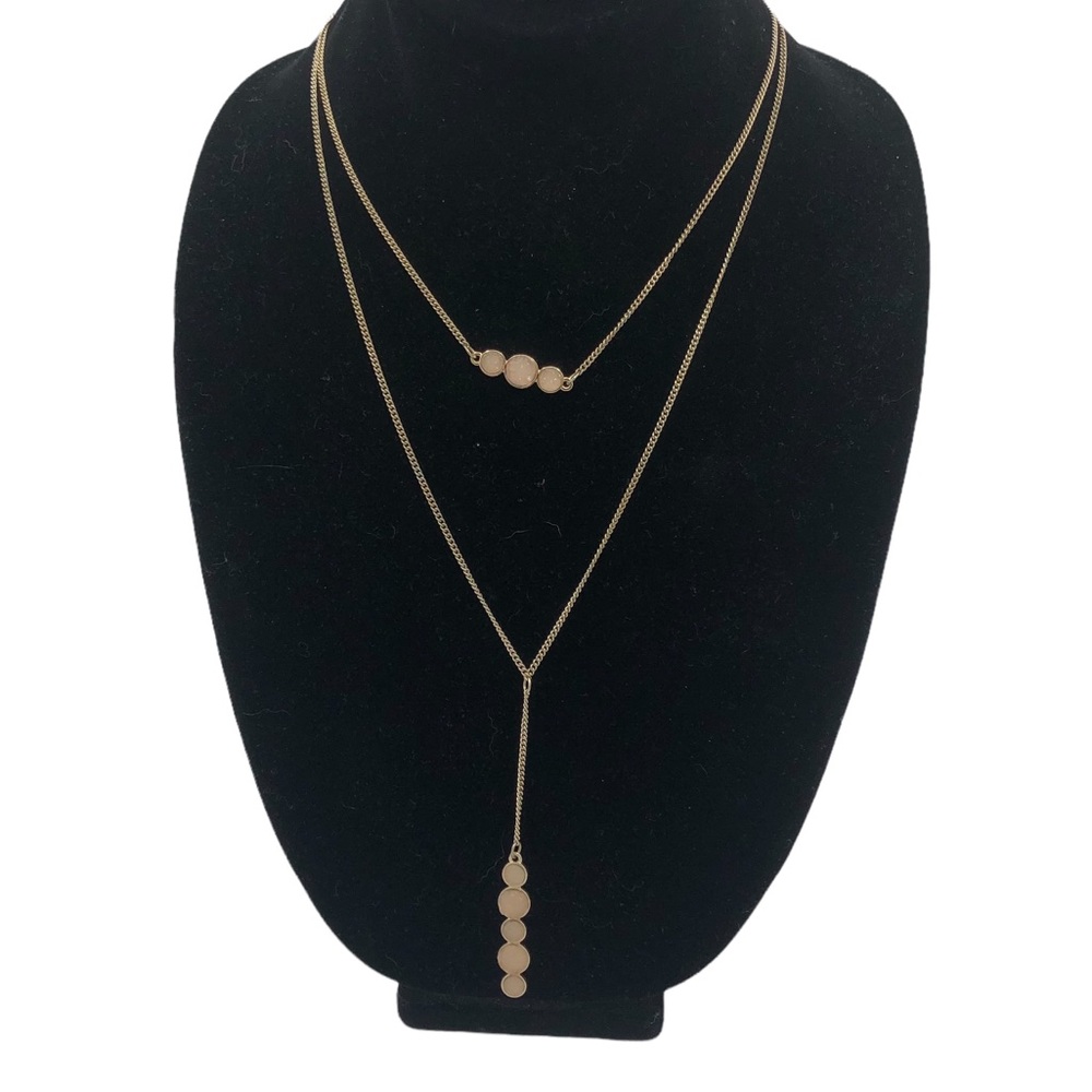 Gold Tone Necklace Statement Beige Textured Stones Collar Pendant Multi Strand